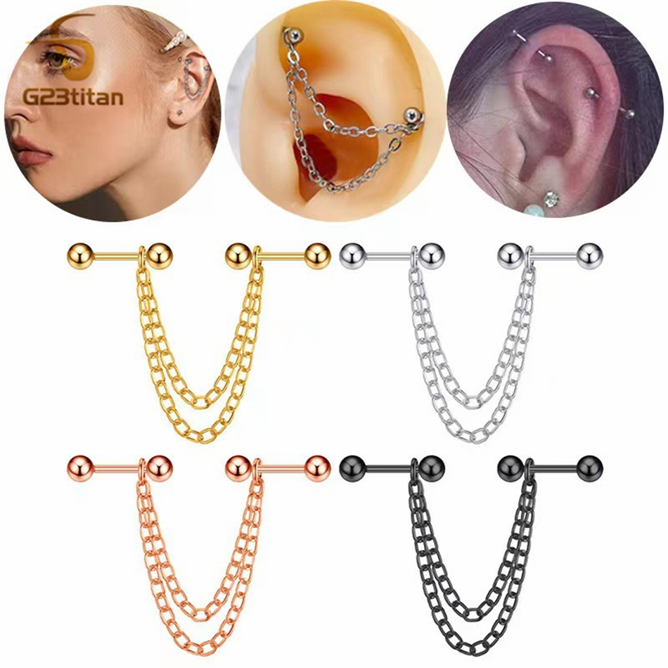 Body Jewelry Industrial - 16G Industrial Earrings With Chain Dangle