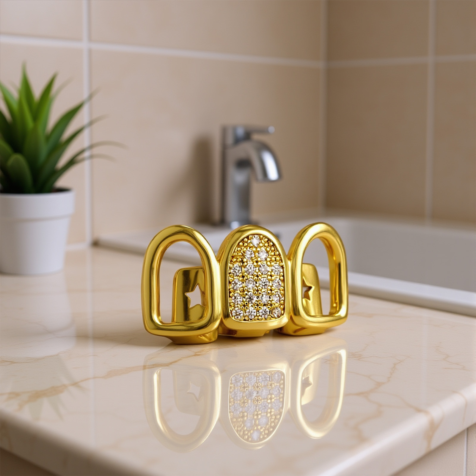 Body Jewelry Labret - Rhinestone Teeth Cover Gold Plated Hollow